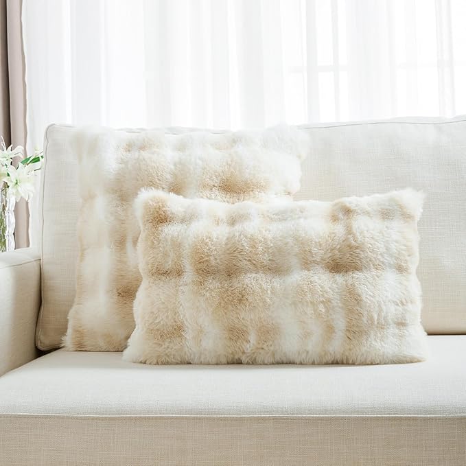 FUTEI Beige White Decorative Throw Pillow Covers 26x26 Inch Set of 2,Soft Fuzzy Faux Rabbit Fur Euro Pillow Shams with Raised Texture,Neutral Boho Home Decor for Couch Bed Living Room