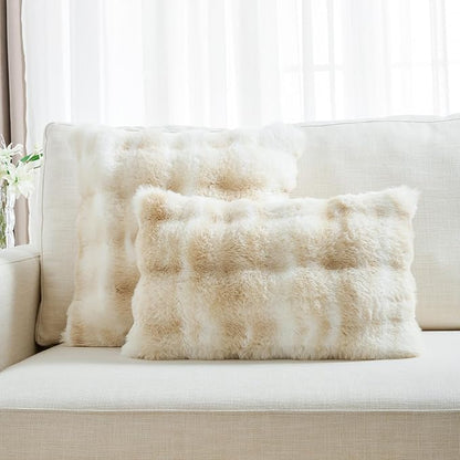 FUTEI Beige White Decorative Throw Pillow Covers 12x20 Inch Set of 2,Soft Fuzzy Faux Rabbit Fur Pillow Case with Raised Texture,Neutral Boho Home Decor for Couch Bed Living Room