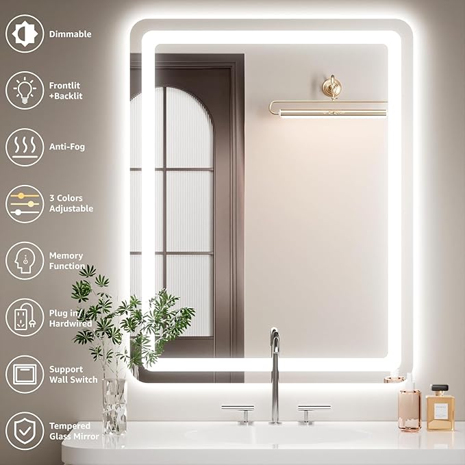 55" x 30" Led Bathroom Mirror with Lights, Anti-Fog & Tri-Color Lighting - Wall Mounted Shaving Mirror with Touch Sensor, Waterproof & Smart LED Vanity Mirror,Tempered Glass, Dimmable Smart Mirror