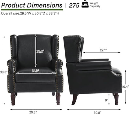 Accent Chair, Upholstered High Back Armchair with Nailhead Trim & Wood Legs, Comfy Wingback Reading Single Sofa Chair for Small Spaces, Living Room, Bedroom (Leather Black, Set of 1)