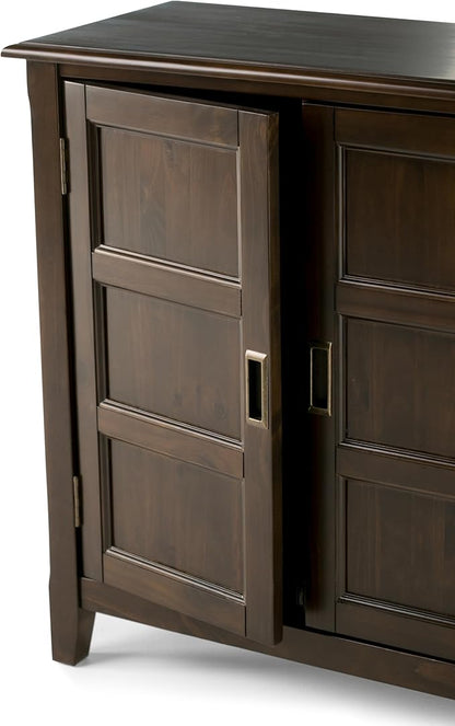 SIMPLIHOME Burlington SOLID WOOD 30 inch Wide Transitional Low Storage Cabinet in Mahogany Brown for the Living Room, Entryway and Family Room