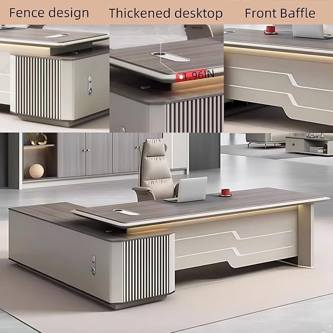 78IN Executive Office Desk - Large Office Desk L Shaped Computer Desk with 2 Drawers & Grille Design | Thickened Countertop & Large Capacity Side Cabinet Storage & Metal Cabinet Handle
