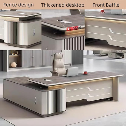 86IN Executive Office Desk - Large Office Desk L Shaped Computer Desk with 2 Drawers & Grille Design | Thickened Countertop & Large Capacity Side Cabinet Storage & Metal Cabinet Handle