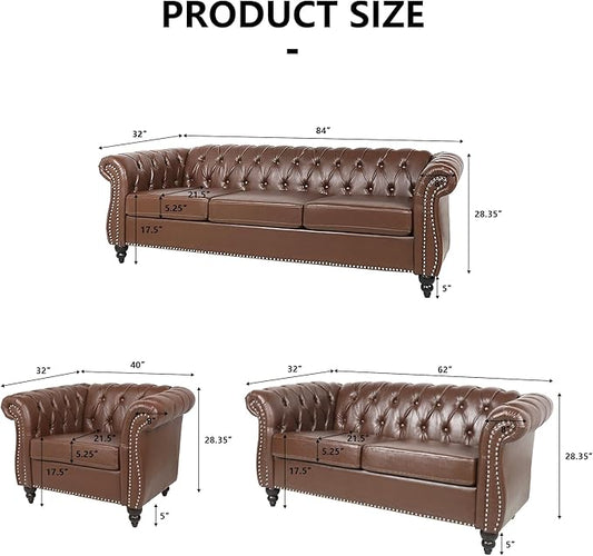 Home Sofa Living Room Furniture, 3 Seater Leather Upholstered Sofa Couch, Modern Comfy Couch with Faux Leather Cushions, Mid Century Tufted Chesterfield Sofas for Bedroom, Office, Apartment (Brown)