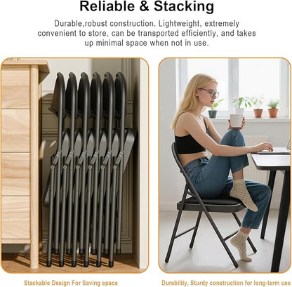6 Pack Black Folding Chairs with Padded Cushion for Outside, Portable Stackable Commercial Metal Foldable Chairs with Steel Frame for Party Home Events Office Wedding, 350lbs Capacity