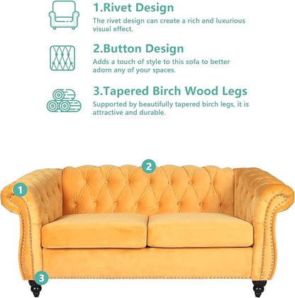 2 Piece Living Room Furniture Set, Velvet Loveseat and Chair Set, Mid Century Modern Upholstered Sofa Couch with Cushions, Comfy Tufted Chesterfield Couches for Living Room, Bedroom, Office