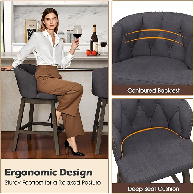 COSTWAY Counter Height Bar Stools Set of 4, Fabric Upholstered Island Stools with 360° Swivel Seat & Button-Tufted Back, Modern Pub Stools with Solid Rubber Wood Frame (Grey,4)