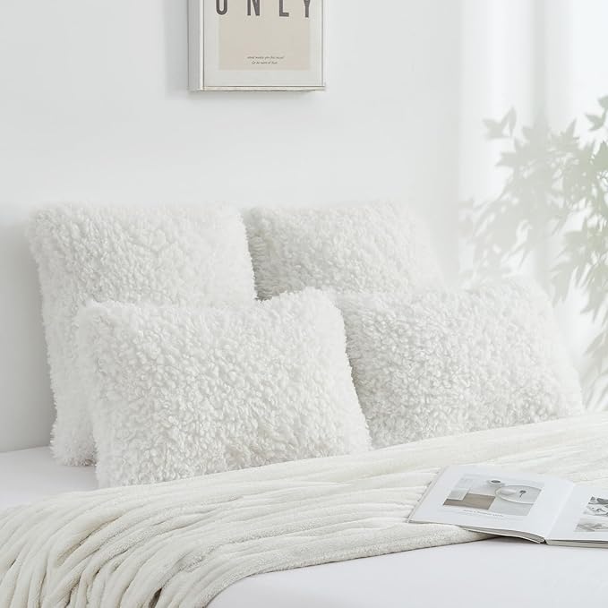 FUTEI Cream White Decorative Throw Pillow Covers 26x26 Inch Set of 2,Soft Fluffy Faux Wool Fur Boucle Textured Euro Pillow Shams,Modern Home Decor for Couch Bed Living Room Office