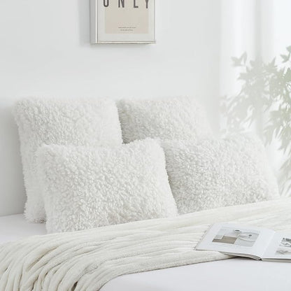 FUTEI Cream White Decorative Throw Pillow Covers 22x22 Inch Set of 2,Soft Fluffy Faux Wool Fur Boucle Textured Cushion Case,Modern Home Decor for Couch Bed Living Room Office