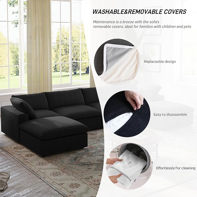 Cloud Modular Sectional Sofa Couch,80.3" L Shaped Convertible Couches with Storage Ottoman for Living Room,Minimalist Deep Sofa Couches,Sofa Covers Washable&Replaceable(Black)