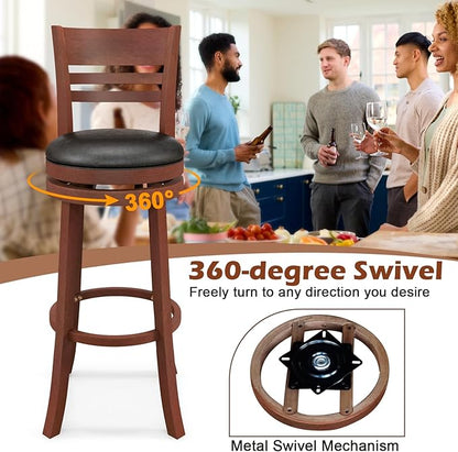 COSTWAY Bar Stools, 360-Degree Swivel Bar Chairs with PU Upholstered Seats, Solid Rubber Wood Backrests, Footrests & Legs, Bar Height Stools with Backs for Kitchen, Bar, Brown (2)