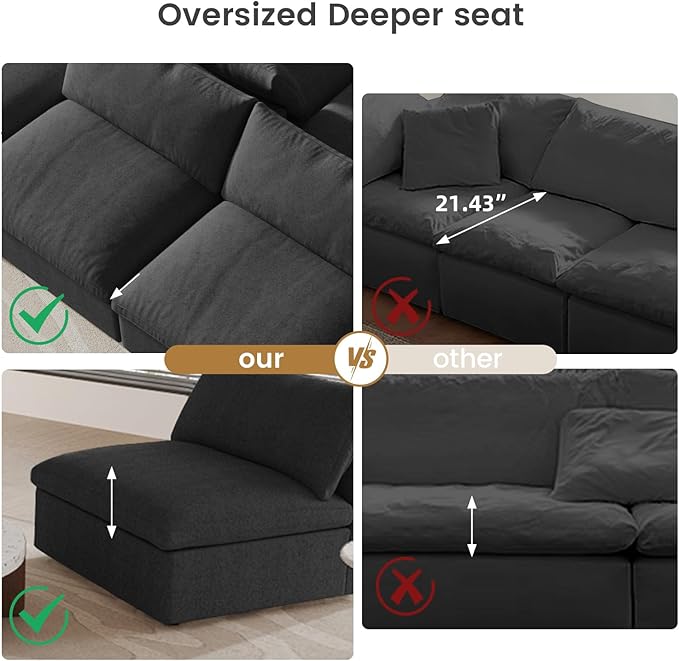 Cloud Couch Modular Sectional Sofa with Storage Ottoman,L Shaped Couch for Living Room,80.3" inch Down Filled 3 Seater Convertible Sectional Sofas for Office Apartment (Black)