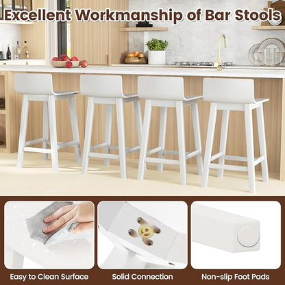 COSTWAY Solid Wood Bar Stools Set of 4, 24.5-inch Counter Height Chairs with Low Back and Footrest, Farmhouse Wooden Armless barstools for Kitchen Island, Dining Room, Cafe, Breakfast, White
