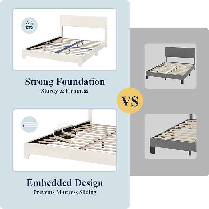 Allewie Full Size Bed Frame with Adjustable Headboard, Faux Leather Platform Bed with Wood Slats, Heavy Duty Mattress Foundation, No Box Spring Needed, Noise-Free, Easy Assembly, White