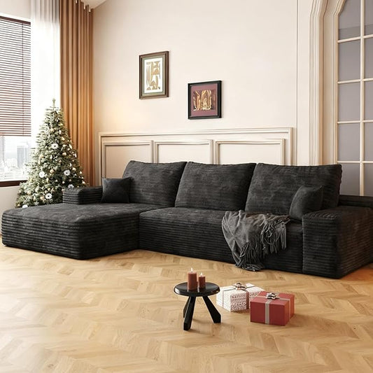 107.5" Boneless L-Shaped Modular Sectional Sofa Couches for Living Room, Corduroy Upholstered Couch with Deep Seat, Large 2-Seater Cloud Sectional Couch, No Assembly, (Black, Left Facing Chaise)