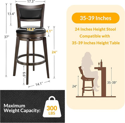 PrimeZone Swivel Bar Stools Set of 6, 24 Inch Counter Height Barstools, Black Faux Leather Bar Stool with High Backrest & Solid Wood Legs & Wrap-around Footrest, Counter Stools for Kitchen Island, Pub