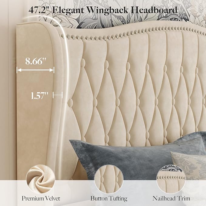 Belffin King Bed Frame and Headboard, Luxury Upholstered Velvet Platform Bed with Wingback, Button Tufted & Nailhead Trim, Anti-Slide Tall Footboard, No Box Spring Needed, Noise-Free, Beige