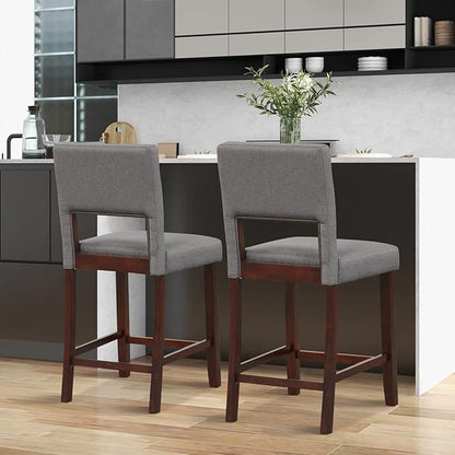 COSTWAY Bar Stools Set of 4, Linen 24.5 Inch Counter Height Chairs with Hollowed Backs, Rubber Wood Legs, Upholstered Barstools for Kitchen Island Home Bar Pub Dining Room, Beige