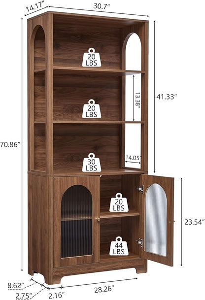 RARZOE 71" Tall Bookshelf and Bookcase, 5-Tier Arched Bookshelf with Glass Doors, Floor Standing 5 Shelf Book case, Wood Display Cabinet Storage Organizer for Living Room, Bedroom, Office(Walnut)