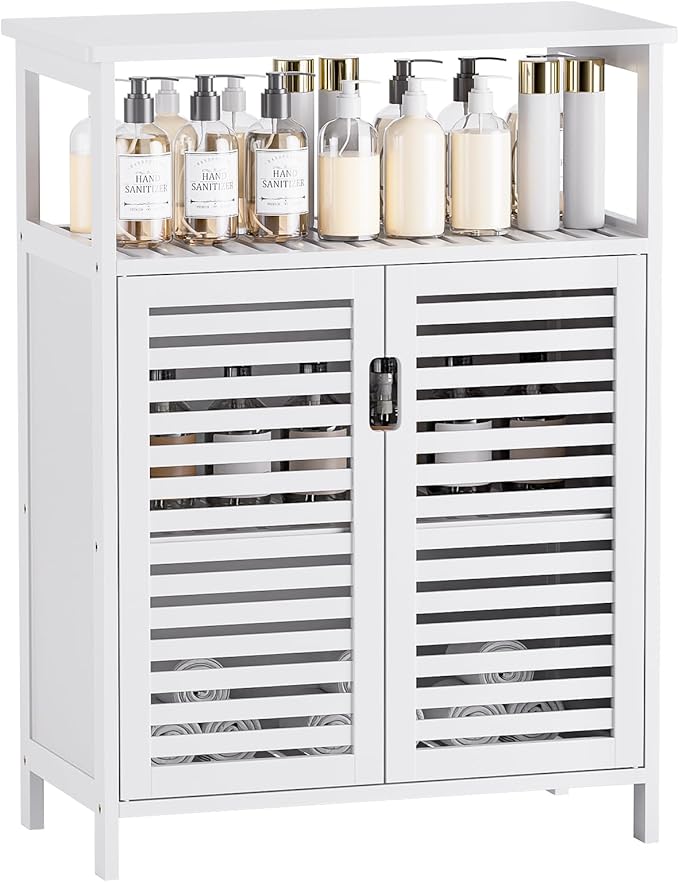 HITNET White Bathroom Cabinet, Bamboo Storage Cabinet Freestanding, Side Tall Storage Organizer for Kitchen Living Room Entryway