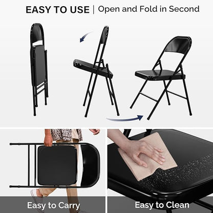 VINGLI Folding Chairs All Steel Metal Frame, Capacity 350 lbs, Durable Portable and Versatile for Indoor Outdoor Use, Black, Set of 8