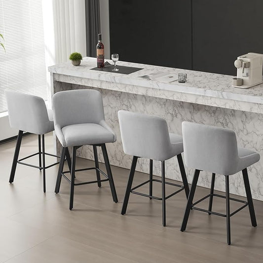 Swivel Bar Stools Set of 4, 26''H Upholstered Barstools with Backs, Modern Counter Height Bar Stool Chairs for Kitchen Island, Metal Legs, Fabric, Light Gray Counter Stools