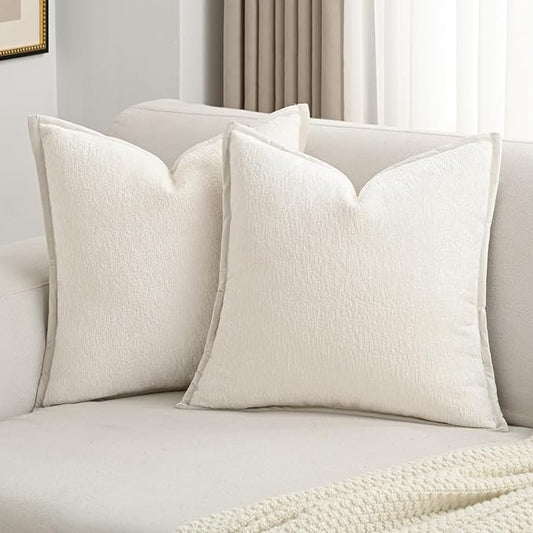 FUTEI Cream White Chenille Throw Pillow Covers 16x16 Inch Set of 2,Soft Cozy Bound Edge Design Cushion Case,Home Decor for Couch Bed Living Room