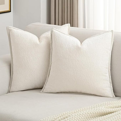 FUTEI Cream White Chenille Throw Pillow Covers 22x22 Inch Set of 2,Soft Cozy Bound Edge Design Cushion Case,Home Decor for Couch Bed Living Room