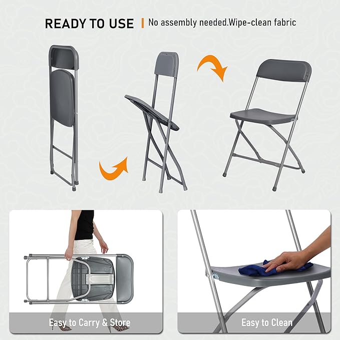 SEALAMB Plastic Folding Chairs 30 Pack, Gray Commercial Portable Indoor/Outdoor Chairs for Home Office, Wedding, Events Parties with Steel Frame, 350lbs Capacity (Gray-Plastic, 30 Pack)