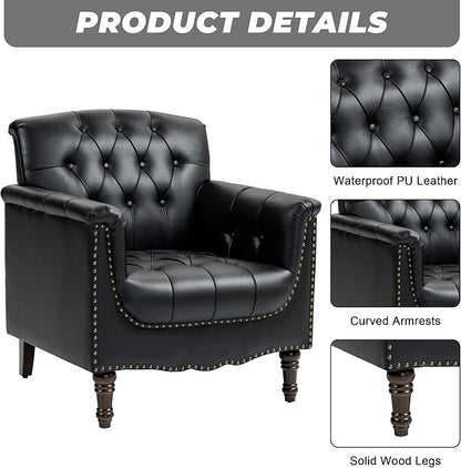 Lumibee Faux Leather Armchairs, Contemporary Accent Chairs Set of 2 with Nailhead Trims & Wood Legs for Living Room, Upholstered Comfy Arm Chairs for Office,Bedroom-Black