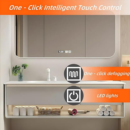 56IN Grey Bathroom Vanity Set - Floating Bathroom Vanity with Single Sink | Including LED Smart Defogging Mirror Cabinet & Time Display Function, Equipped with Motion Sensing Light Strip (Style B)