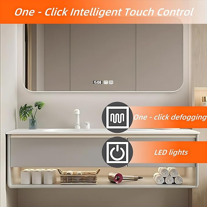56IN Grey Bathroom Vanity Set - Floating Bathroom Vanity with Single Sink | Including LED Smart Defogging Mirror Cabinet & Time Display Function, Equipped with Motion Sensing Light Strip (Style A)