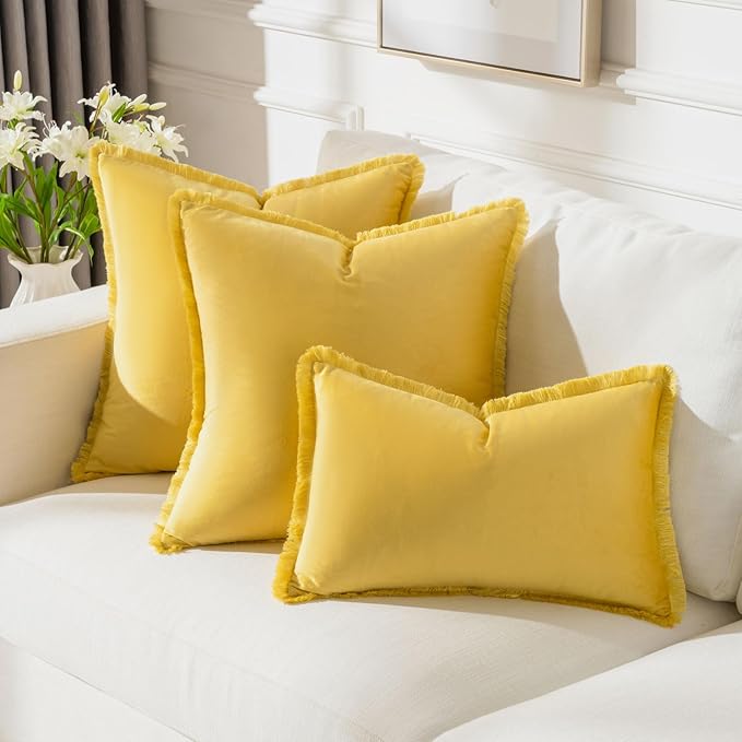 FUTEI Lemon Yellow Velvet Decorative Throw Pillow Covers 12x20 Set of 2,Soft Cozy Edge with Tassels Lumbar Pillow Cases,Boho Modern Home Decor for Couch Bed Living Room