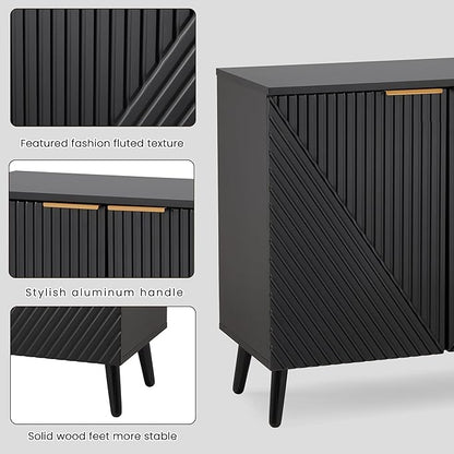 Fluted Storage Cabinet with Doors, Wood Sideboard Buffet Cabinet with Adjustable Shelf, Modern Accent for Living Room, Entryway (Set of 3, Black)