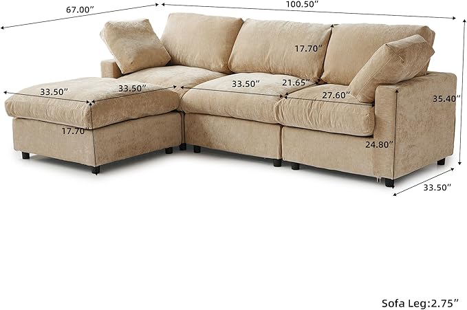 Cloud Sectional Couches for Living Room,100.5" Convertible L Shaped Couch with Ottoman, 4 Seater Modular Sectional Sofa,Deep Seater Furniture Sets,Khkai