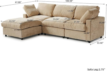 Cloud Sectional Couches for Living Room,100.5" Convertible L Shaped Couch with Ottoman, 4 Seater Modular Sectional Sofa,Deep Seater Furniture Sets,Khkai