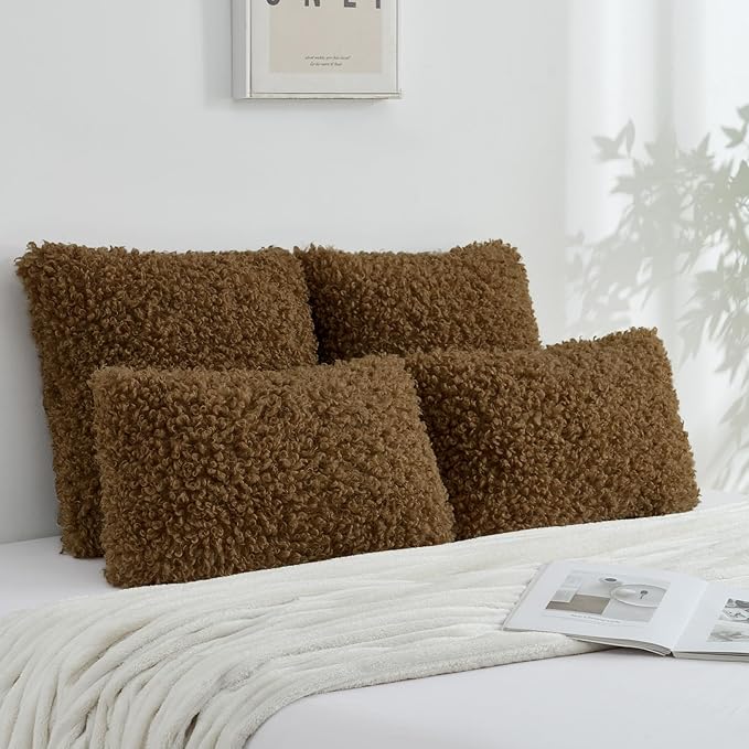 FUTEI Brown Decorative Throw Pillow Covers 24x24 Inch Set of 2,Soft Fluffy Faux Wool Fur Boucle Textured European Cushion Case,Modern Home Decor for Couch Bed Living Room Office