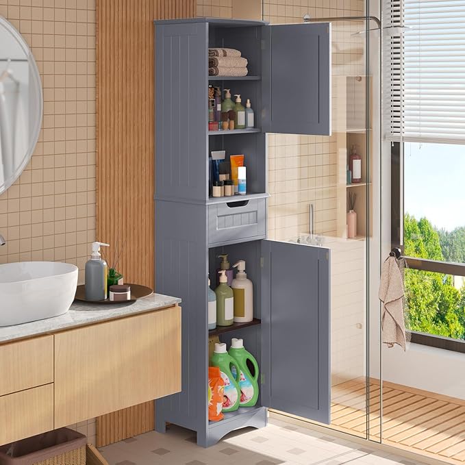 Gizoon 67" H Tall Bathroom Cabinet, Storage Cabinet with 2 Doors & Drawer, Narrow Linen Tower Freestanding Adjustable Shelves for Home, Kitchen, Versatile, Anti-Tipping, Grey