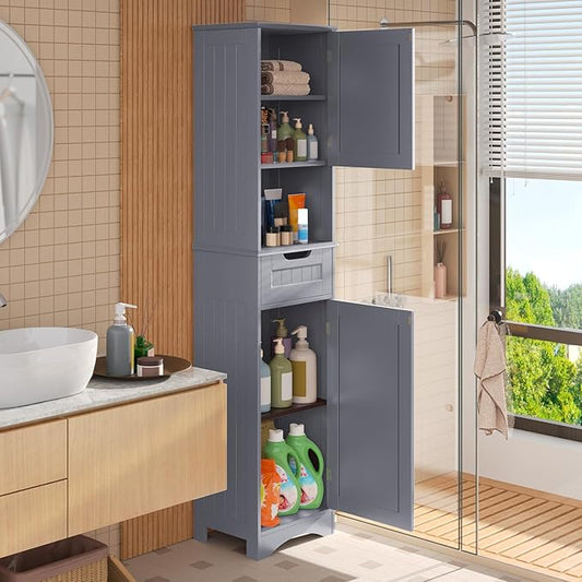 Gizoon 67" H Tall Bathroom Cabinet, Storage Cabinet with 2 Doors & Drawer, Narrow Linen Tower Freestanding Adjustable Shelves for Home, Kitchen, Versatile, Anti-Tipping, Grey