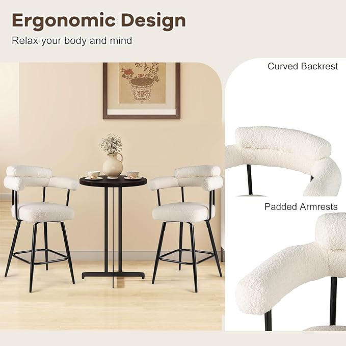 COSTWAY Counter Height Bar Stools Set of 4, 27" Swivel Modern Upholstered Counter Chairs with Boucle Fabric, Curved Backrests & Metal Legs, for Kitchen Island, Home, Pub (4, White + Black)