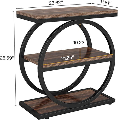 Tribesigns End Table, Narrow End Table with 3 Storage Shelves, Wood Side Table with Black Metal Frames, Industrial Small Sofa Side Table for Living Room, Slim Nightstand and Bedside Table for Bedroom