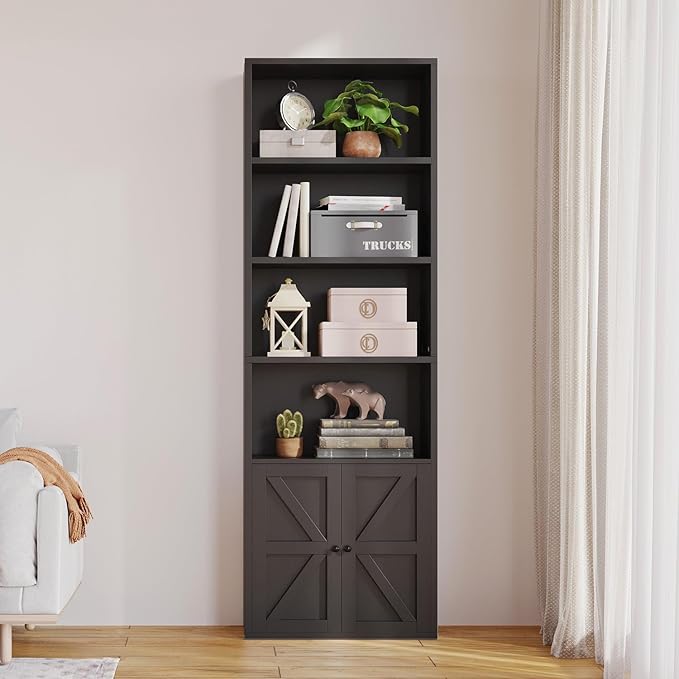 MXV Bookshelf Bookcase with Doors, 6 Tier 71" Tall Wooden Storage Shelves Organizer, Floor Standing Display Cabinet Shelves, Home Decor Furniture for Home Office, Living Room, Bedroom, Black