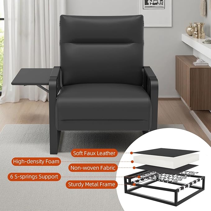 Upholstered Accent Sofa, Modern Faux Leather Sofa Chair with Foldable Side Tray Table & Storage Pocket, Small Accent Sofa for Living Room, Bedroom, Reception Room, Black