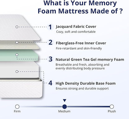 Twin Mattress 12 Inch Green Tea Memory Foam Mattress for Cool Sleep & Pressure Relief,Medium Feel Support, Fiberglass Free, Bed in a Box, Removable Washable Cover, CertiPUR-US Certified