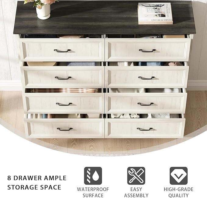 CARPETNAL Farmhouse Dresser and Nightstand Sets for Bedroom, 4 Pcs Bedroom Set, 5 Drawer & 8 Drawer Dresser and Nightstand Set of 2, Wood Chest of Drawers for Living Room, Entryway, White