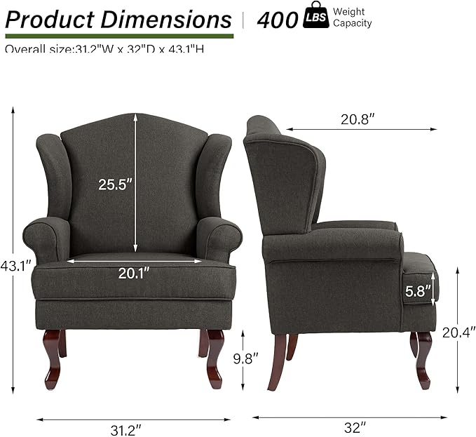 Accent Chair, High Back Upholstered Armchair with High Resilience Sponge & Wood Legs, Mid-Century Modern Comfy Single Sofa Reading Chairs for Living Room, Bedroom (Dark Grey, Set of 1)