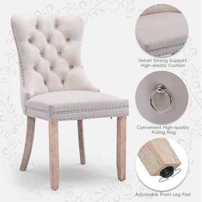 Velvet Upholstered Dining Chairs Set of 6, Modern Style Kitchen Side Chairs with Nailhead Trim and Wood Legs,Metal Pulling Ring for Dining Room Living Room(Beige,Set of 6)