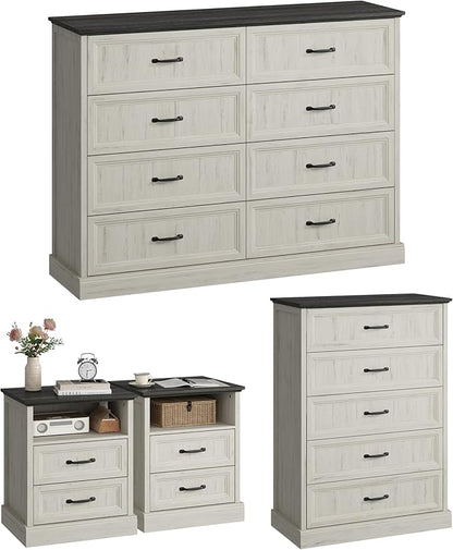 CARPETNAL Farmhouse Dresser and Nightstand Sets for Bedroom, 4 Pcs Bedroom Set, 5 Drawer & 8 Drawer Dresser and Nightstand Set of 2, Wood Chest of Drawers for Living Room, Entryway, White