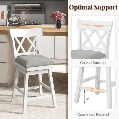 COSTWAY Bar Stool Set of 2 for Kitchen Island, 26" Counter Height Chair with Ergonomic Backrest, Foot Rest, Padded Seat & Solid Wood Structure, 360°Swivel Farmhouse Barstool with Back