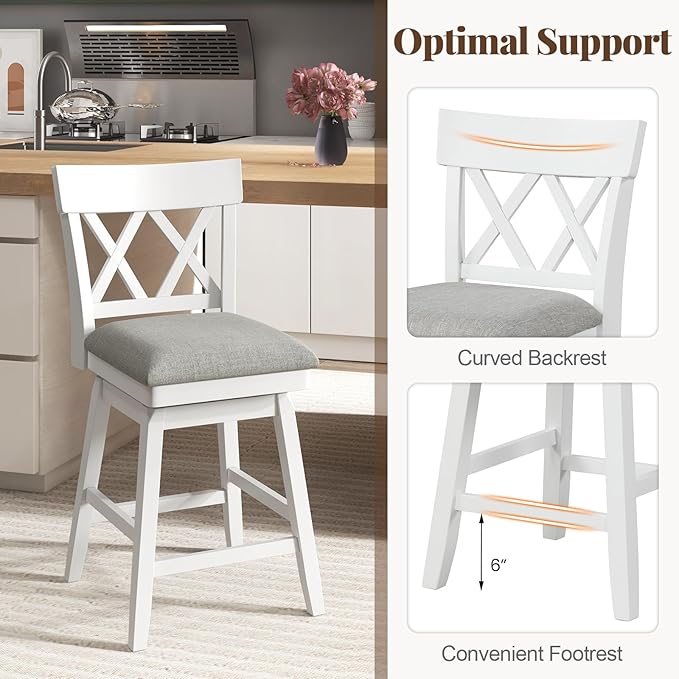 COSTWAY Bar Stool Set of 4 for Kitchen Island, 26" Counter Height Chair with Ergonomic Backrest, Foot Rest, Padded Seat & Solid Wood Structure, 360°Swivel Farmhouse Barstool with Back